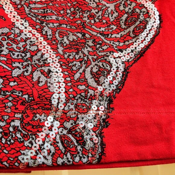 Sunset Rd M Red Black Lace Clear Sequins Design Top Blouse Long Sleeve sz M - Picture 10 of 11